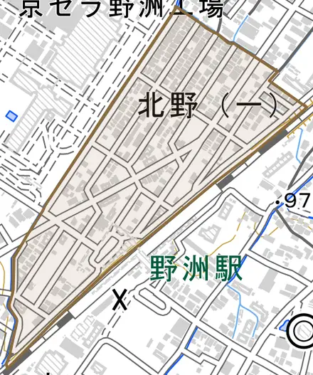 北野とその周辺の地図。町の範囲を重ねている