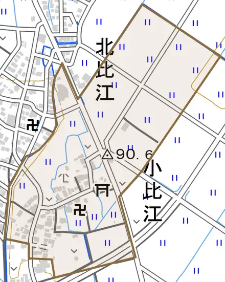 小比江とその周辺の地図。町の範囲を重ねている
