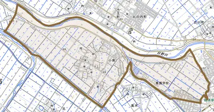 小南とその周辺の地図。町の範囲を重ねている
