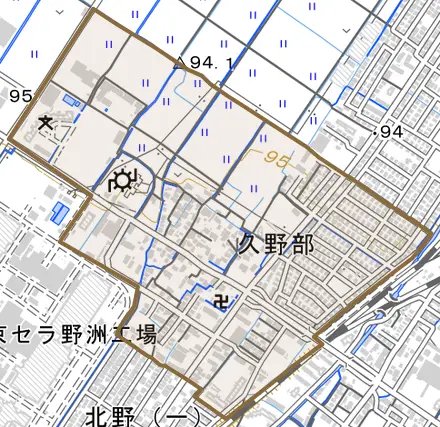 久野部とその周辺の地図。町の範囲を重ねている