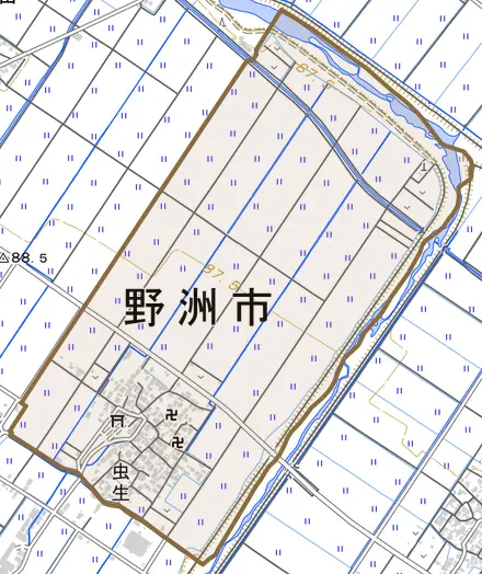 虫生とその周辺の地図。町の範囲を重ねている
