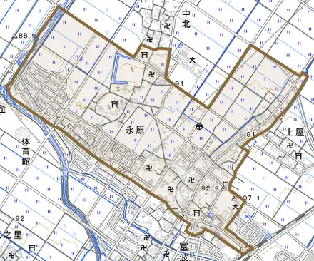 永原とその周辺の地図。町の範囲を重ねている