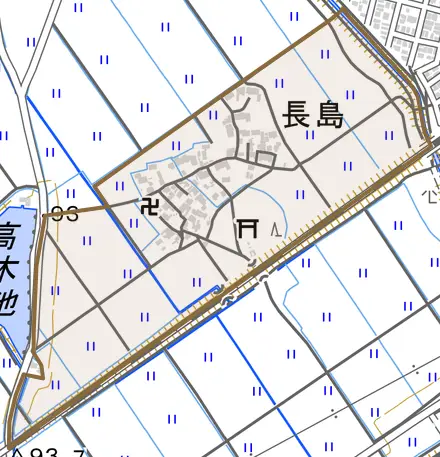 長島とその周辺の地図。町の範囲を重ねている