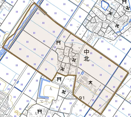中北とその周辺の地図。町の範囲を重ねている