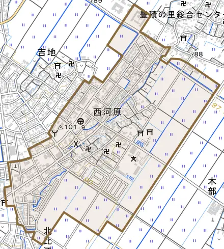 西河原とその周辺の地図。町の範囲を重ねている