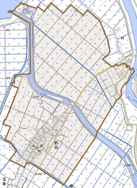 野田とその周辺の地図。町の範囲を重ねている