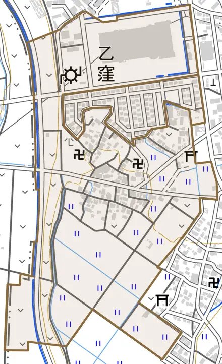 乙窪とその周辺の地図。町の範囲を重ねている