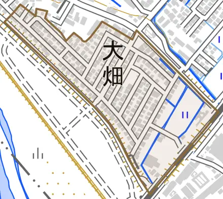 大畑とその周辺の地図。町の範囲を重ねている