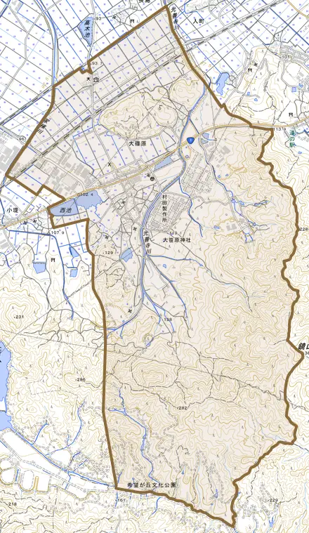 大篠原とその周辺の地図。町の範囲を重ねている