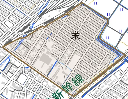 栄とその周辺の地図。町の範囲を重ねている