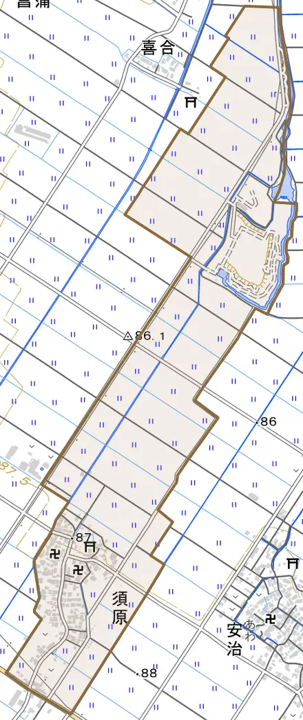 須原とその周辺の地図。町の範囲を重ねている