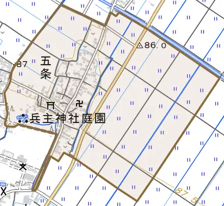 五条とその周辺の地図。町の範囲を重ねている