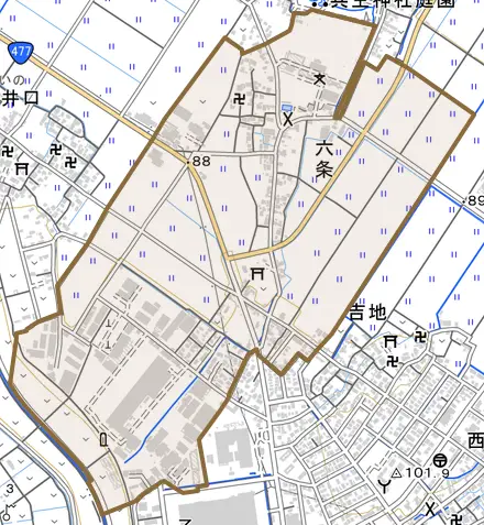 六条とその周辺の地図。町の範囲を重ねている