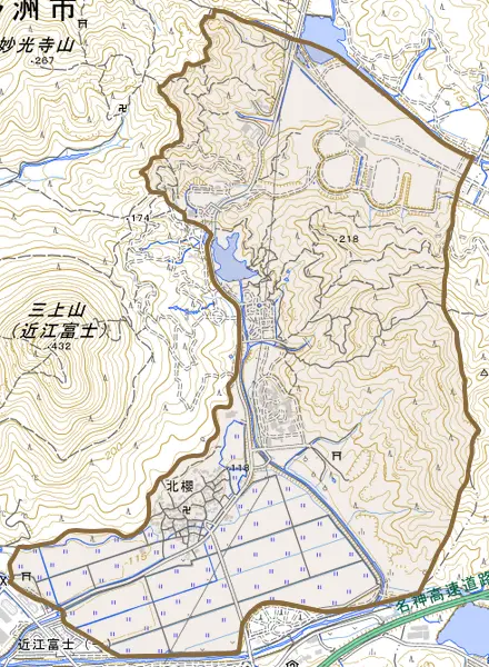 北桜とその周辺の地図。町の範囲を重ねている