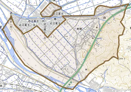 南桜とその周辺の地図。町の範囲を重ねている