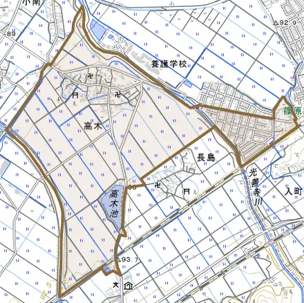 高木とその周辺の地図。町の範囲を重ねている