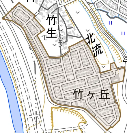 竹ヶ丘とその周辺の地図。町の範囲を重ねている