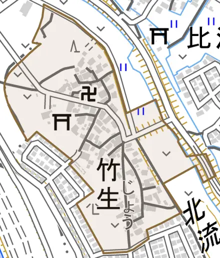 竹生とその周辺の地図。町の範囲を重ねている