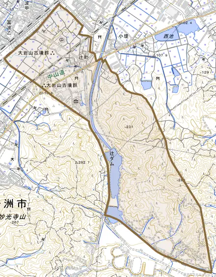 辻町とその周辺の地図。町の範囲を重ねている