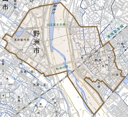 野洲とその周辺の地図。町の範囲を重ねている