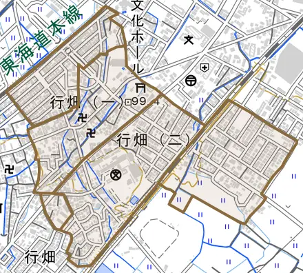 行畑とその周辺の地図。町の範囲を重ねている
