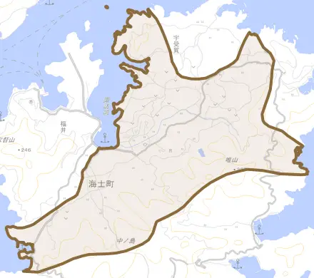 大字海士とその周辺の地図。町の範囲を重ねている