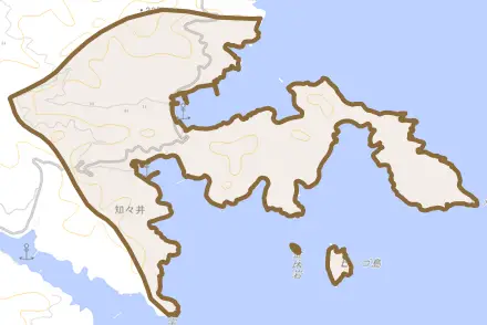 大字知々井とその周辺の地図。町の範囲を重ねている