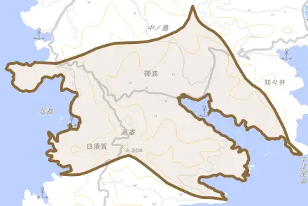 大字御波とその周辺の地図。町の範囲を重ねている