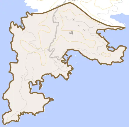 大字崎とその周辺の地図。町の範囲を重ねている