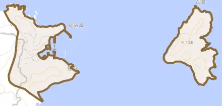 大字豊田とその周辺の地図。町の範囲を重ねている