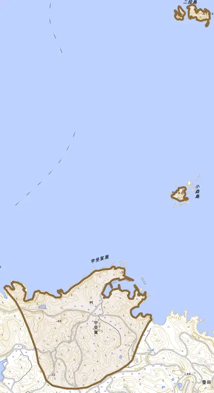 大字宇受賀とその周辺の地図。町の範囲を重ねている