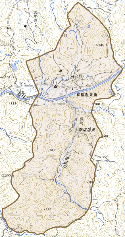 有福温泉町とその周辺の地図。町の範囲を重ねている