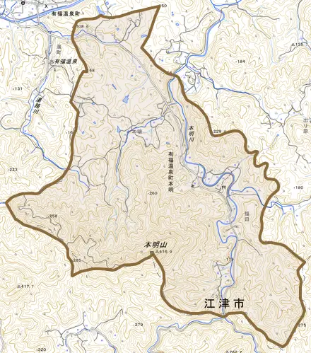 有福温泉町本明とその周辺の地図。町の範囲を重ねている