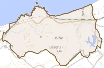 浅利町とその周辺の地図。町の範囲を重ねている
