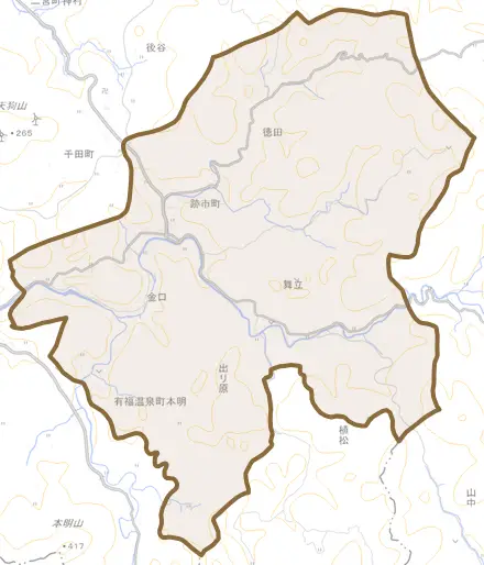 跡市町とその周辺の地図。町の範囲を重ねている