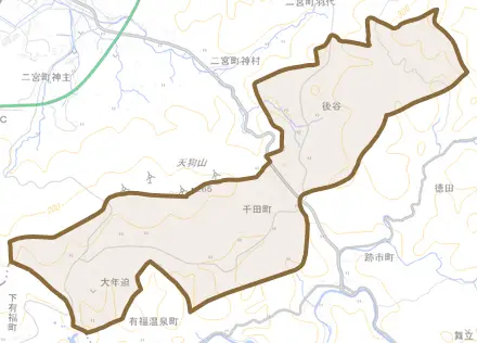 千田町とその周辺の地図。町の範囲を重ねている