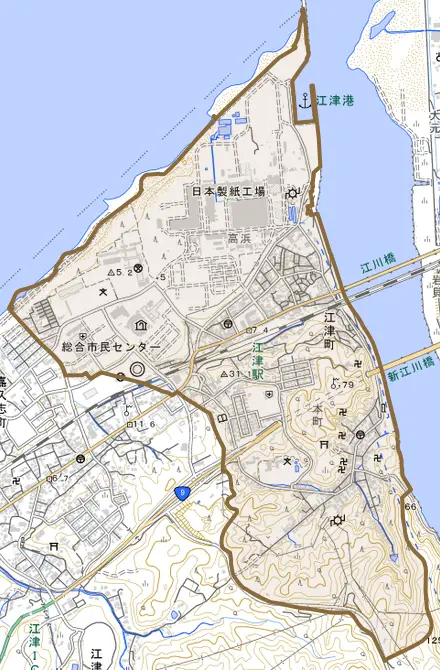 江津町とその周辺の地図。町の範囲を重ねている