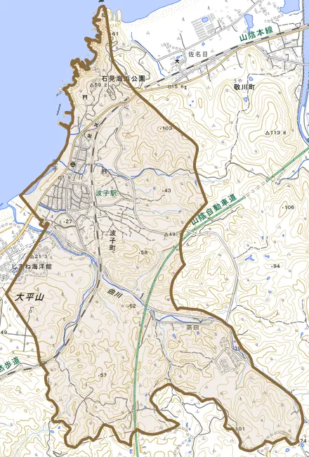 波子町とその周辺の地図。町の範囲を重ねている