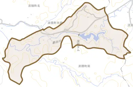 波積町本郷とその周辺の地図。町の範囲を重ねている