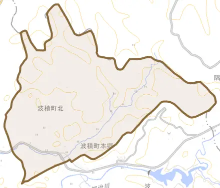 波積町北とその周辺の地図。町の範囲を重ねている