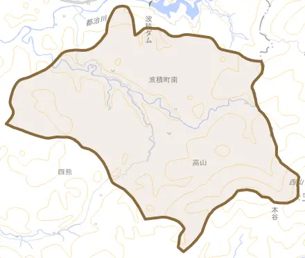 波積町南とその周辺の地図。町の範囲を重ねている