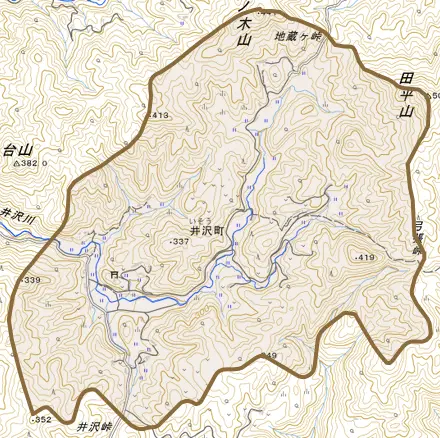 井沢町とその周辺の地図。町の範囲を重ねている