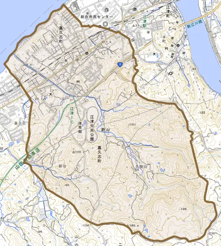 嘉久志町とその周辺の地図。町の範囲を重ねている
