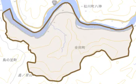 金田町とその周辺の地図。町の範囲を重ねている
