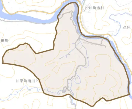 川平町南川上とその周辺の地図。町の範囲を重ねている