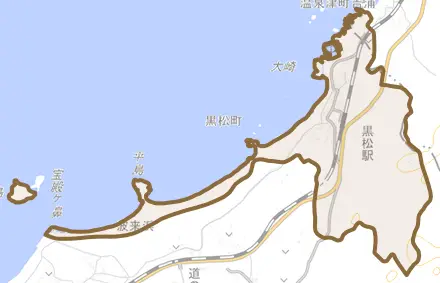 黒松町とその周辺の地図。町の範囲を重ねている