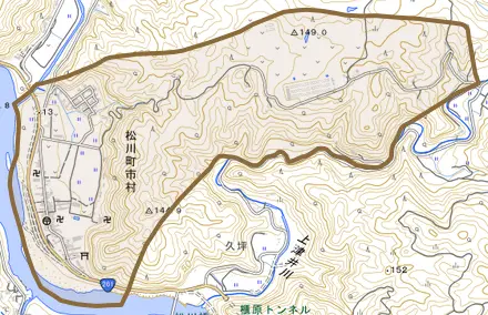 松川町市村とその周辺の地図。町の範囲を重ねている