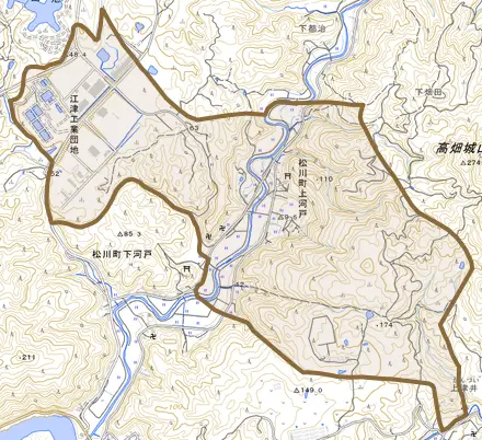 松川町上河戸とその周辺の地図。町の範囲を重ねている