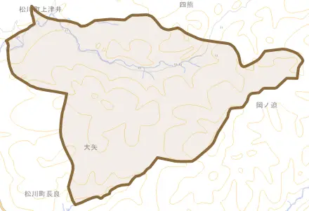 松川町上津井とその周辺の地図。町の範囲を重ねている