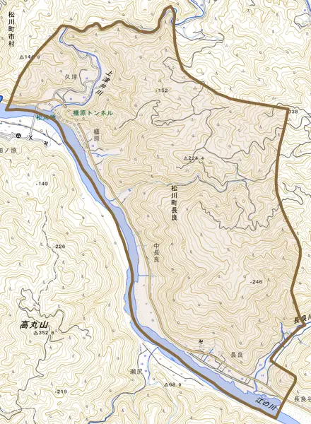 松川町長良とその周辺の地図。町の範囲を重ねている